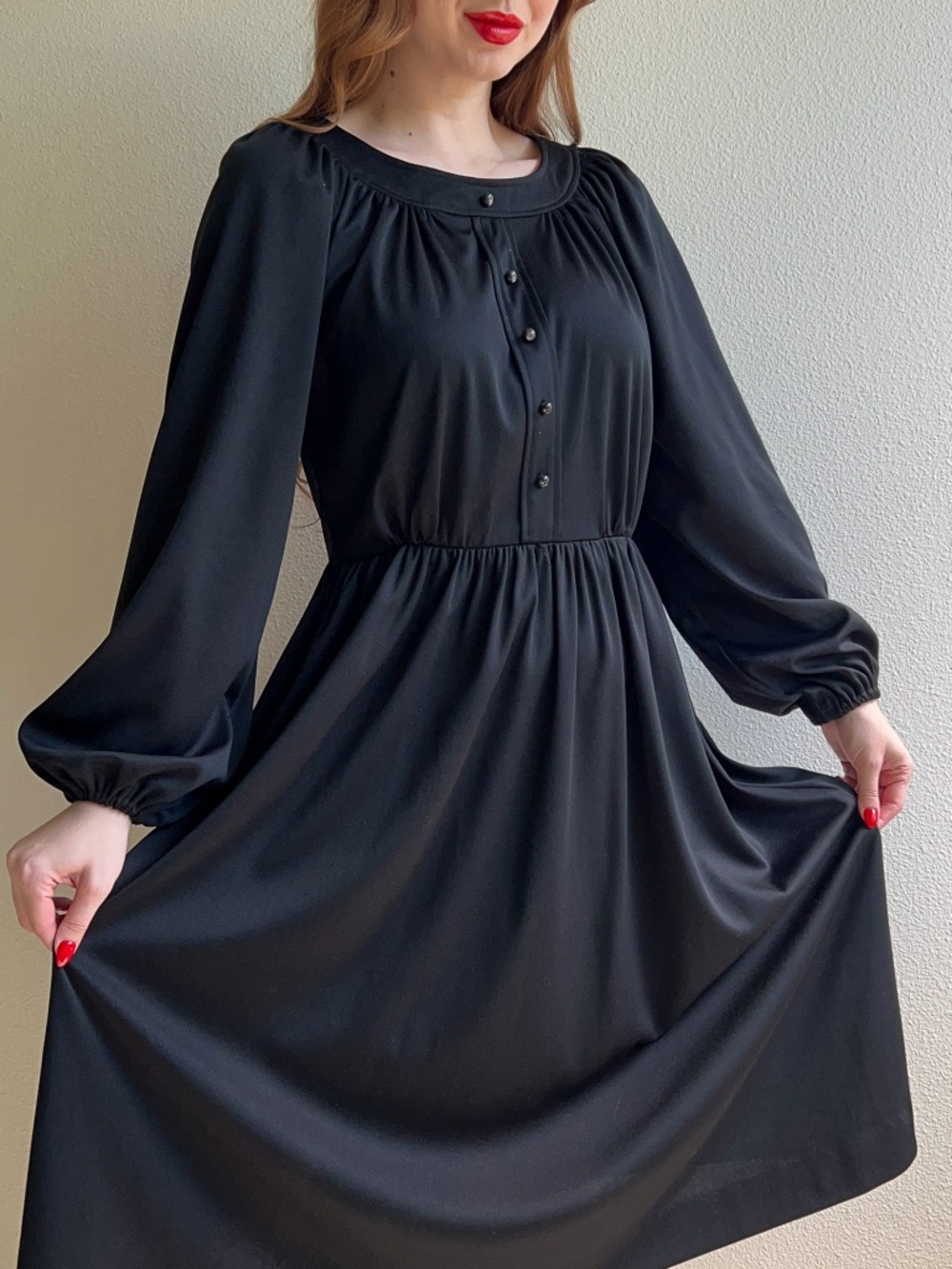 Vintage 1970s JC Penneys Black Long Sleeve Dress (L)